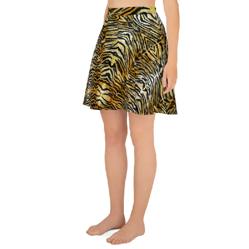 Orange Tiger Striped Skater Skirt, Women's Animal Print A-Line Tennis Skirt-Made in USA/EU modal blend skirt