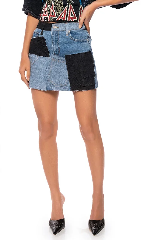 PATCHWORK DENIM MINI SKIRT flowy skirt hem