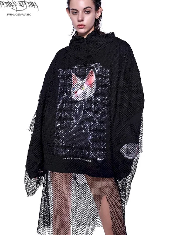 Sphinx Cat Ear Mesh Sweatshirt【s0000009944】 Hoodie with Longline Fit Extended Stylish