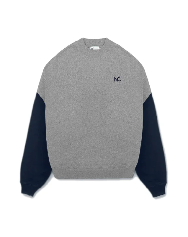 CONTRAST OVERSIZED SWEATSHIRT - MELANGE GREY & NAVY BLUE Hoodie with Hem Patch Decorative Personalized