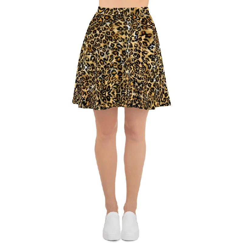 Brown Leopard Skater Skirt, Animal Print Women's A-Line Tennis Skater Skirt-Made in USA/EU belted skirt waist