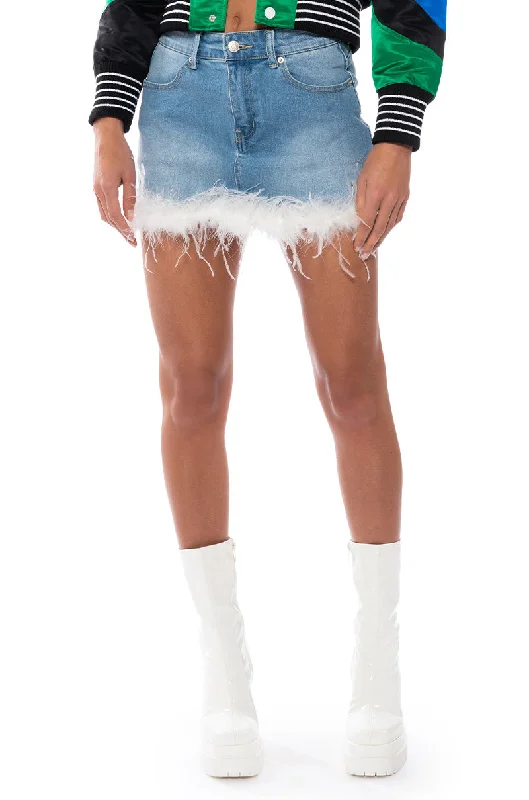 SWEETHEART FEATHER DETAIL DENIM MINI SKIRT wool skirt sturdy