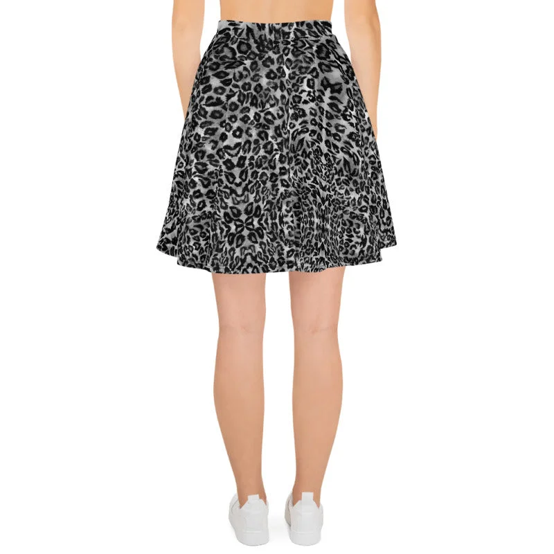 Gray Leopard Skater Skirt, Animal Print Women's A-Line Tennis Flared Skirt-Made in USA/EU patchwork skirt art