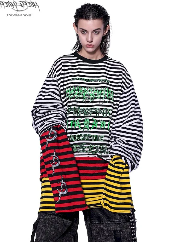 Stacked Stripe Sweatshirt T【s0000009943】 Hoodie with Drop Shoulder Relaxed Streetwear