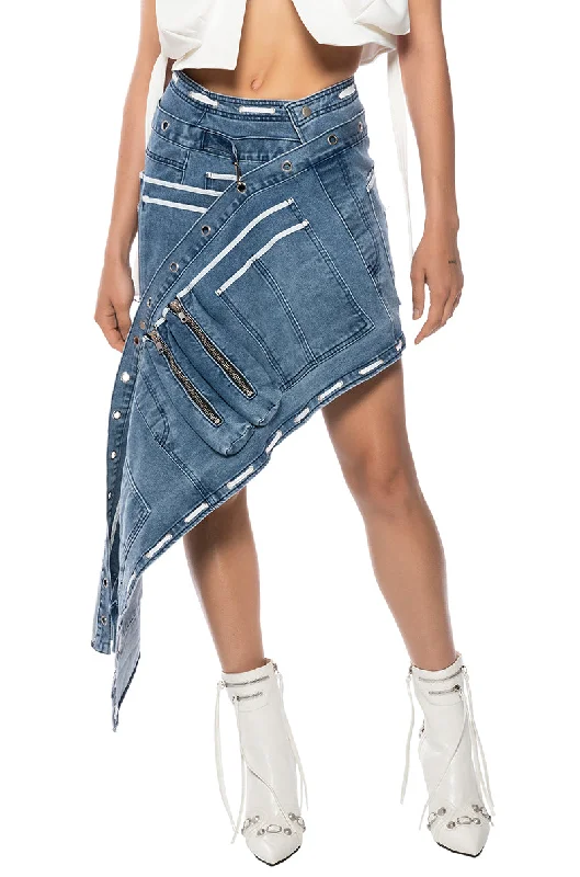 CURIOUS ABOUT YOU ASYMMETRICAL DENIM UTILITY SKIRT lace skirt delicate