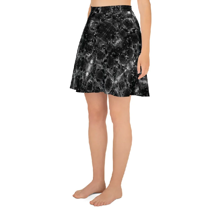 Gray Rose Floral Skater Skirt, Floral Print Women's A-Line Flared Skater Skirt-Made in USA/EU ribbed skirt waist