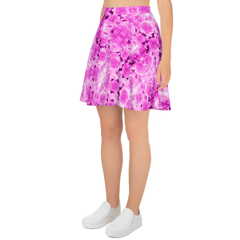 Pink Rose Floral Skater Skirt, Flower Print Women's Tennis A-Line Skirt-Made in USA/EU flowy skirt hem