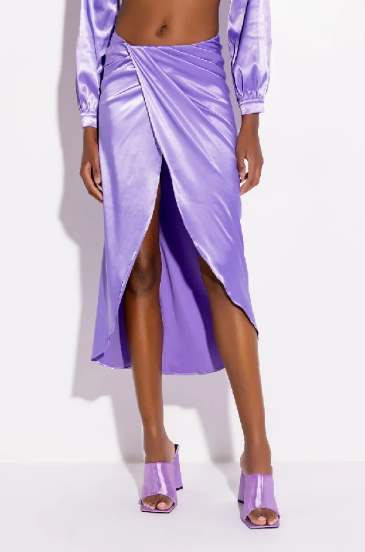 ON MY LEVEL WRAP FRONT SATIN MIDI SKIRT wool skirt sturdy