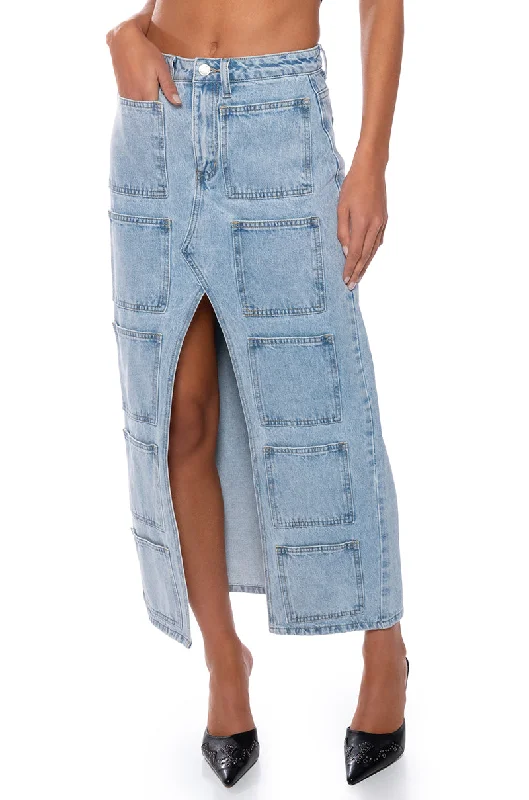 ANGELICA DENIM MIDI OPEN SLIT SKIRT belted skirt waist