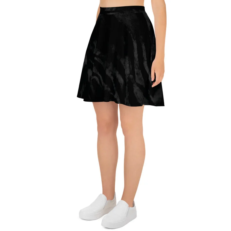 Black Tiger Stripe Skater Skirt, Animal Print Women's Mid-Thigh Skirt- Made in USA/EU satin skirt smooth