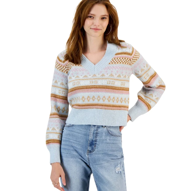 HIPPIE ROSE -  Printed Bubble-Sleeve V-Neck Sweater Solid Print Embellished