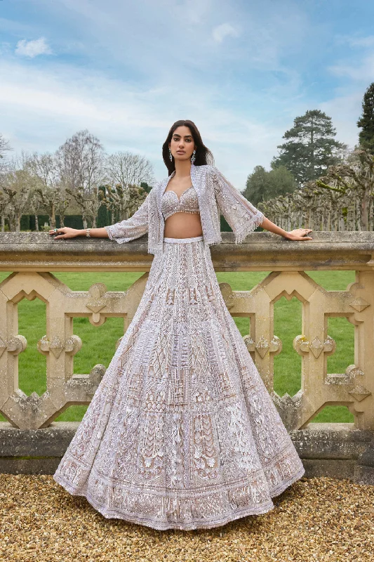 Nude Silver Jacket Lehenga Set Print Jacket Jacquard Jacket Embroidered Jacket