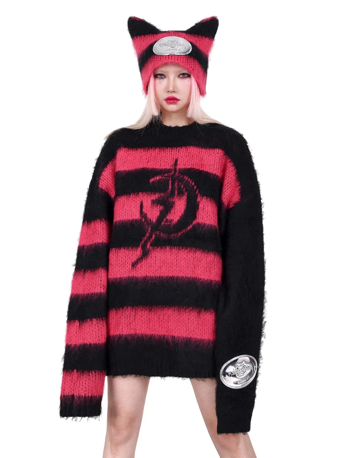 PINKSPINK Gothic Striped Oversized Sweater - Black and Red Lace Blend Ribbed Blend Corduroy Blend