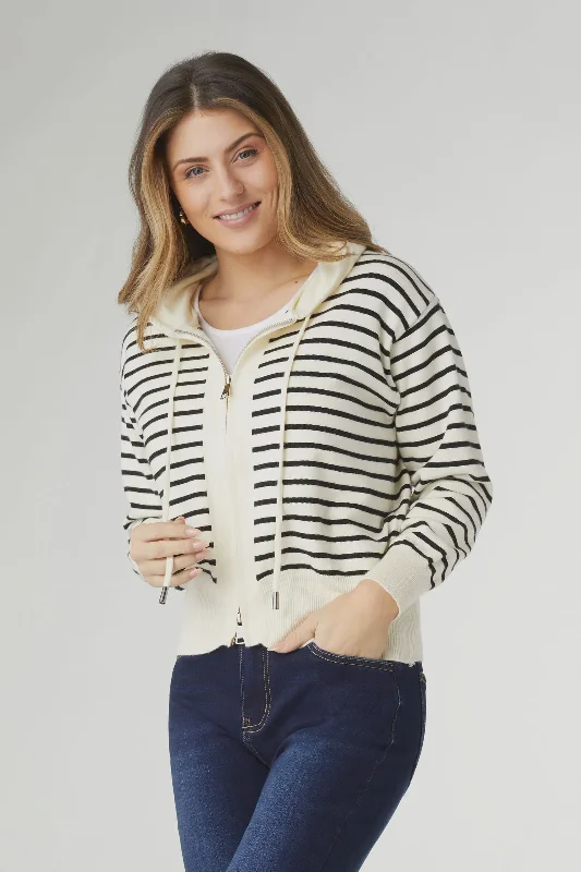 Audree Zip Up Hooded Sweater | Cream Houndstooth Herringbone Solid