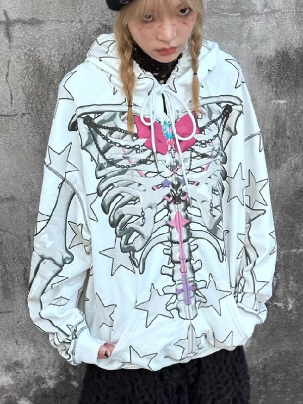 Star Skull Printed Loose ZIP-Up Parka【s0000004228】 Snowproof Mid-Length Parka