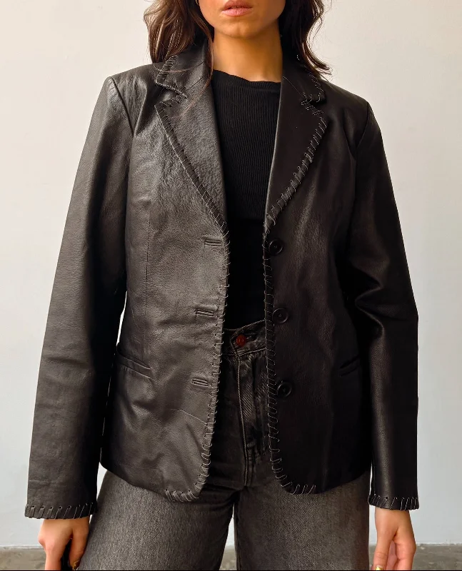 Espresso Whipstitch Leather Blazer Jacket - 8 Welt Pockets Slit Pockets Flap Pockets