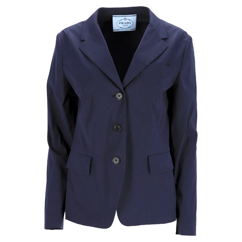 Prada Single-Breasted Blazer in Navy Blue Cotton Women's Leather Blazer