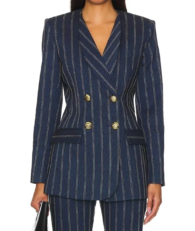 Pinstripe Double Breasted Blazer In Navy Women's Luxurious Jacket