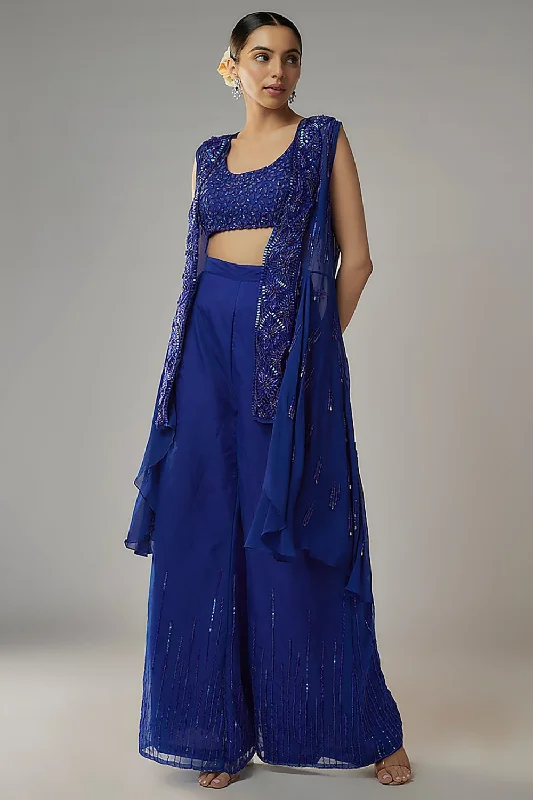 Royal Embroidered Blue Choli, Pants And Jacket Set Jersey Jacket Tulle Jacket Batik Jacket