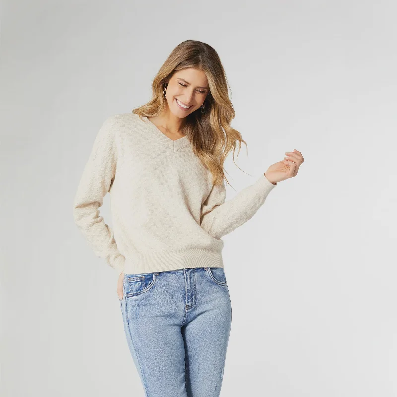 Melanie V-Neck Sweater | Oatmeal Chenille Fabric Brocade Fabric Lace Fabric