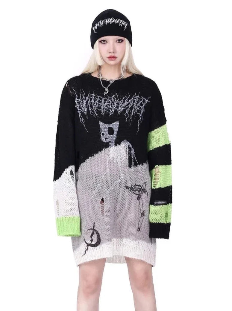 PINKSPINK Skeletal Cat Graphic Sweater - Black/Neon Green and Pink/Black Solid Print Embellished