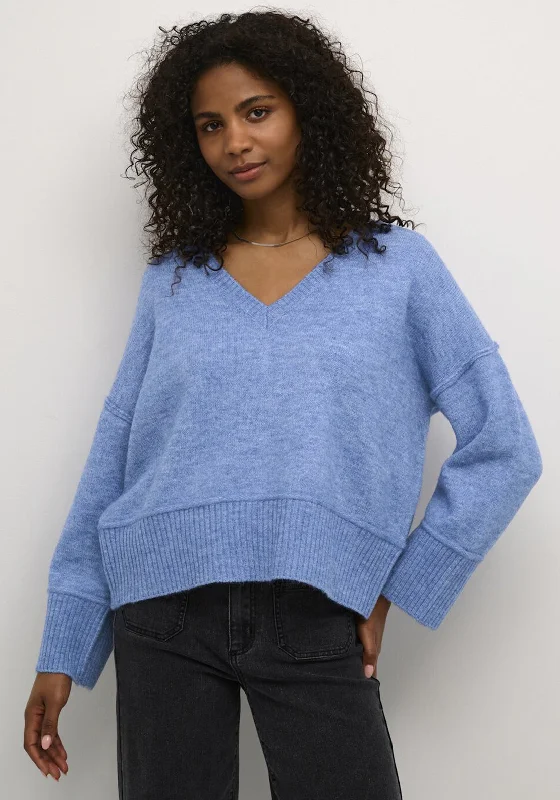 Kaffe Fridana V Neck Jumper, Blue Fleece Sweater Nylon Polyester