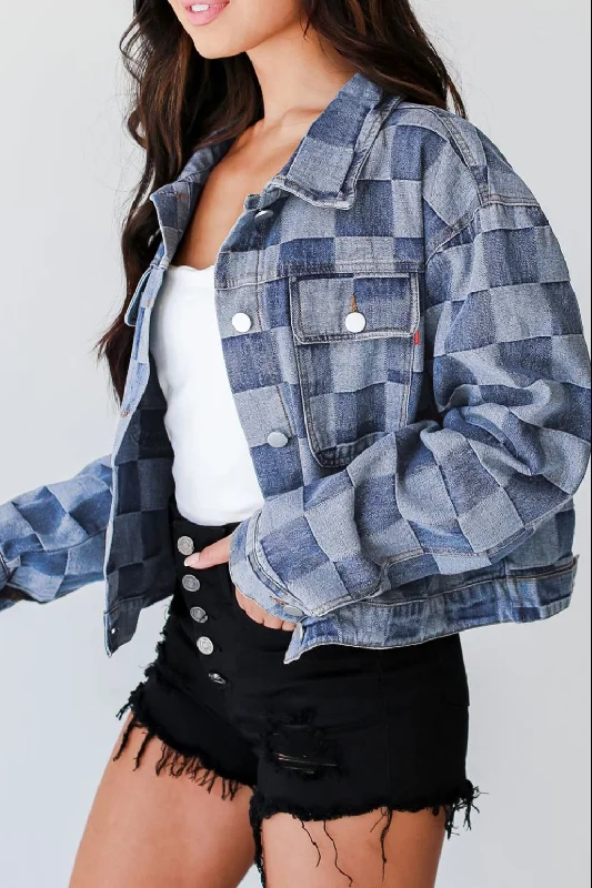 Hazel Blues® |  Checkered Button Up Denim Jacket One-Shoulder Jacket Off-the-Shoulder Jacket Asymmetrical Jacket