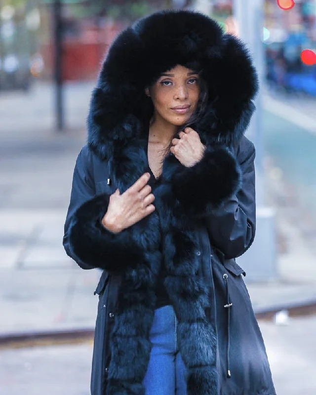 WOMEN PARKA- BLACK WITH BLACK FOX FUR Waterproof Quilted Parka Jacket