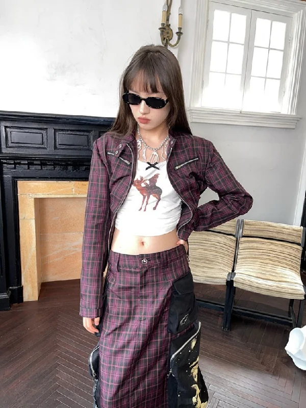 Plaid Zipper Short Jacket & Patch Pocket Long Skirt【s0000003884】 Striped Jacket Polka Dot Jacket Floral Jacket