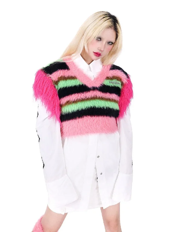 PINKSPINK Neon Rave Fuzzy Crop Sweater - Pink/Green Multi Satin Blend Silk Blend Wool Blend