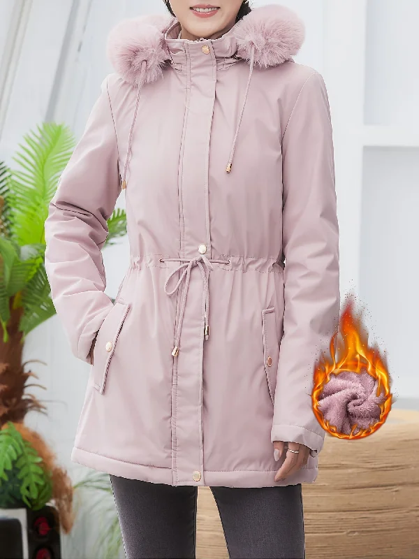 Women's Winter Casual Warm Long Sleeve Fashion Casual Mid-length Plush Lined Warm Hooded Jacket V-Neck Jacket Boat Neck Jacket Square Neck Jacket