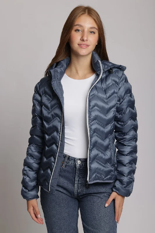 Women's packable puffer jacket in metallic cobalt Appliqued Jacket Beaded Jacket Sequined Jacket