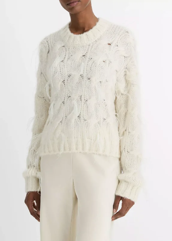 Feather-Appliquéd Italian Cable-Knit Sweater Toggled Drawstring Belted