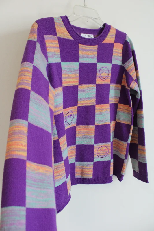 LOGO Lori Goldstein Smiley World Purple Checked Knit Sweater | M Elasticated Padded Insulated