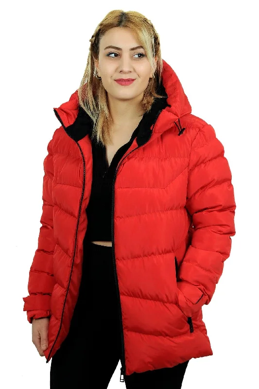 Women's Red Hooded Fleece Inside Waterproof Windproof Down Jacket & Coat & Parka Casual Everyday Parka Jacket