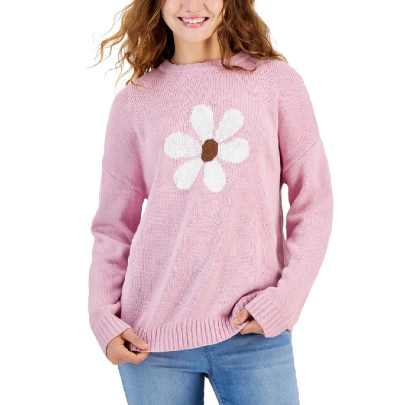 JUST POLLY - Daisy Graphic Ribbed-Edge Sweater High Neck Crew Neck V-Neck