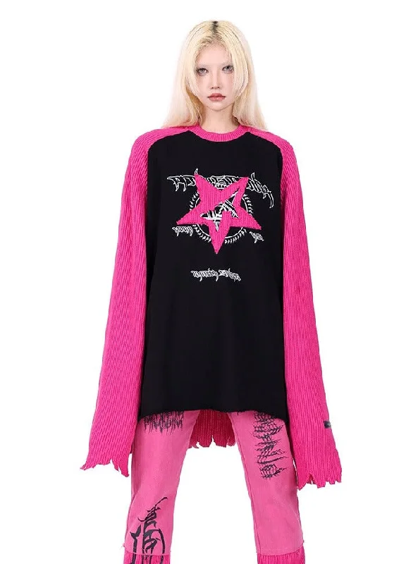 PINKSPINK Pentagram Raglan Sweater - Black/Grey and Black/Pink Ribbed Striped Patterned