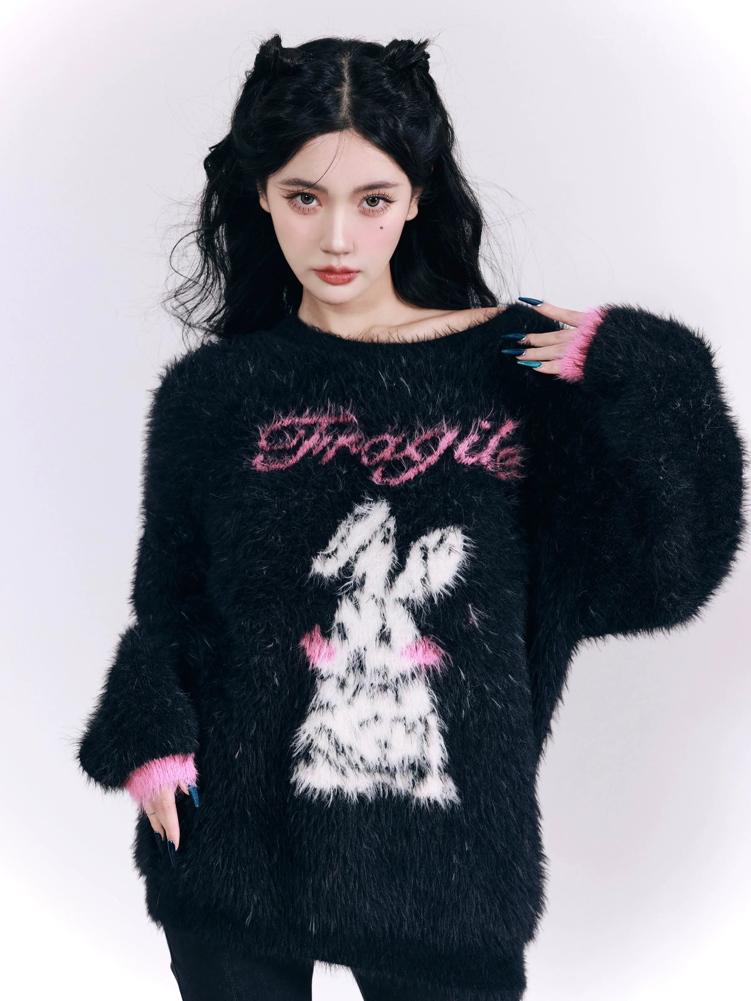 Fuzzy Bunny 'Fragile Heart' Sweater - Black and Pink Fluffy Graphic Jumper Casual Formal Business