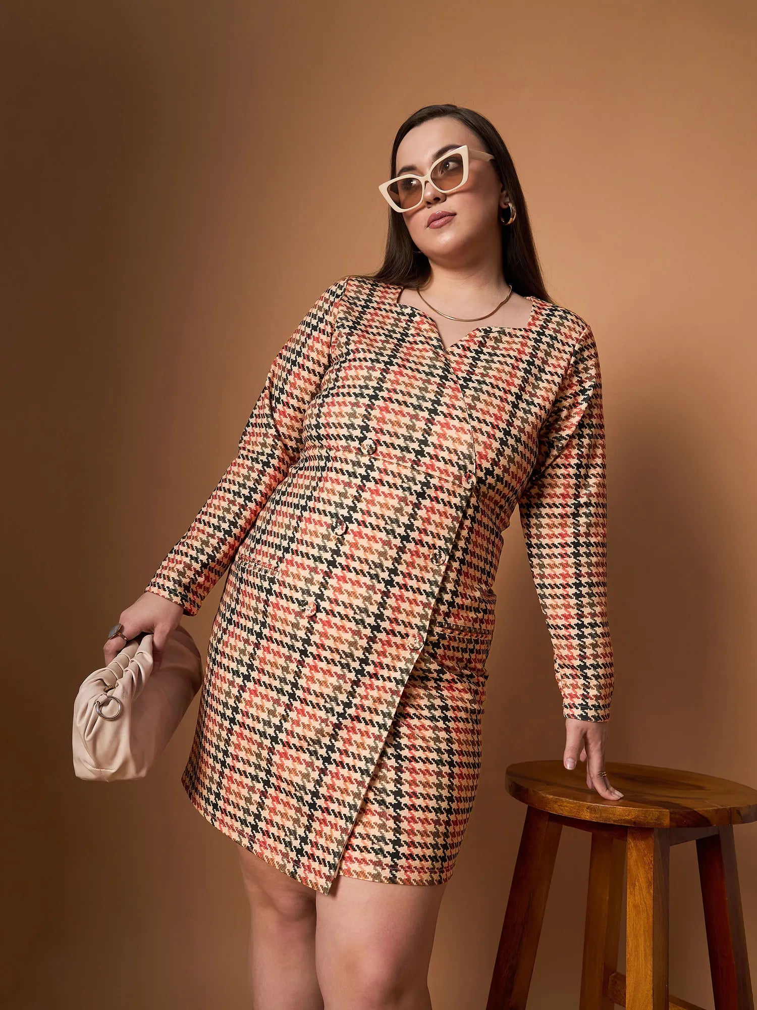 Women Peach Multi Houndstooth Blazer Dress-SFDRSS12452 Women's Warm Suit