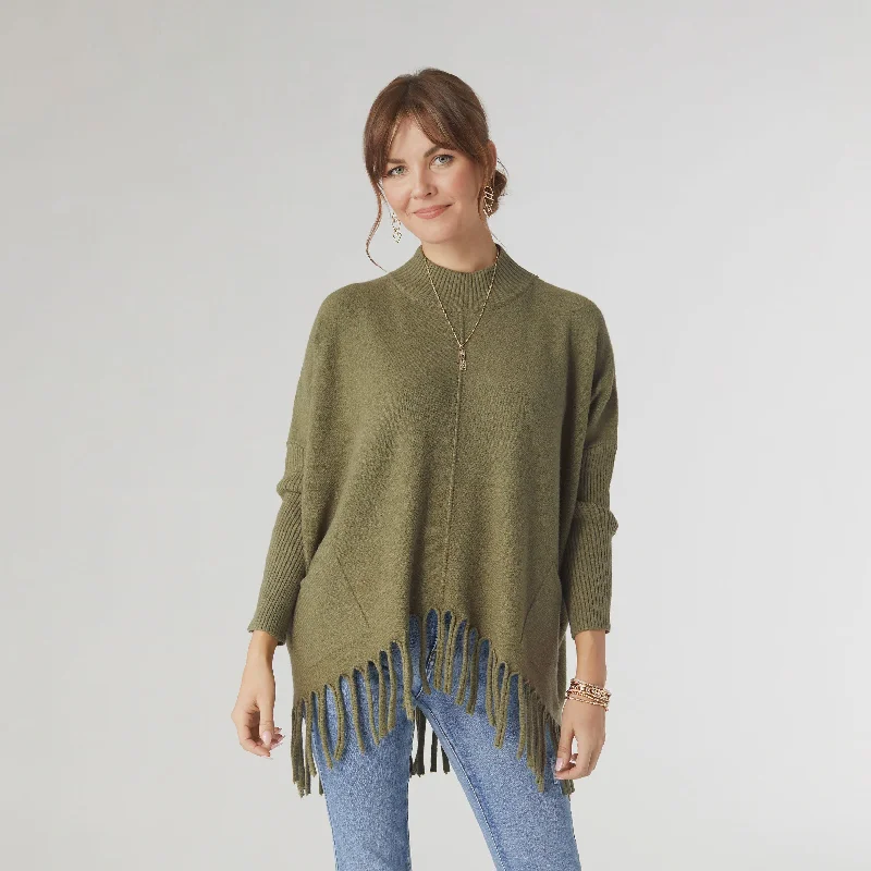 Heavenly-Luxe Flowy Mock Neck Fringe Sweater | Army Green Faux Fur Fabric Real Fur Fabric Shearling Fabric