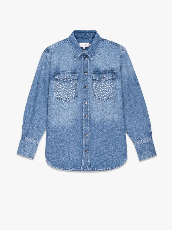 Frame Atelier Oversized Shirt Jacket in Daylight Pearl Denim Fabric Leather Fabric Suede Fabric