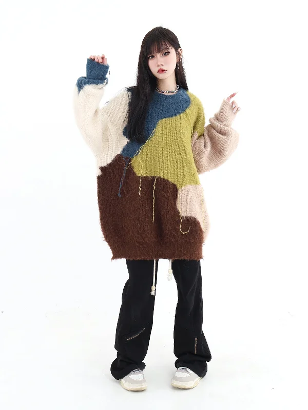 Color Blocked Tassel Detail Fluffy Sweater Front Pockets Side Pockets Patch Pockets