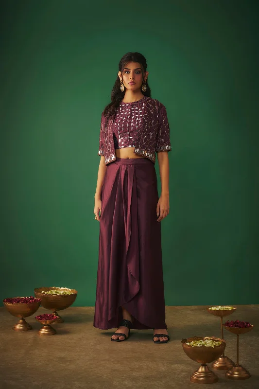 Wine Mirror Embroidered Choli, Dhoti Skirt And Crop Jacket Set Satin Fabric Silk Fabric Chiffon Fabric