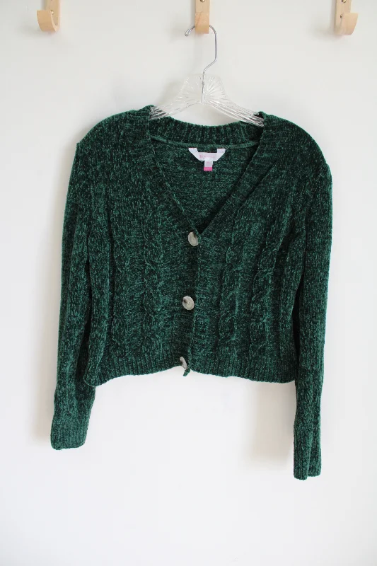 No Boundaries Green Chenille Crop Sweater | S Graphic Sweater Embroidered Appliqued