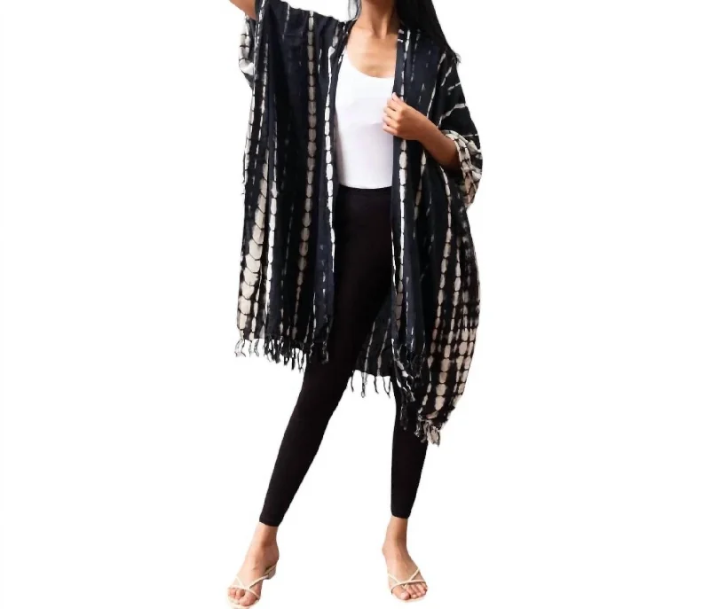 Short Kimono Cardigan In Black/white Real Fur Shearling Chenille