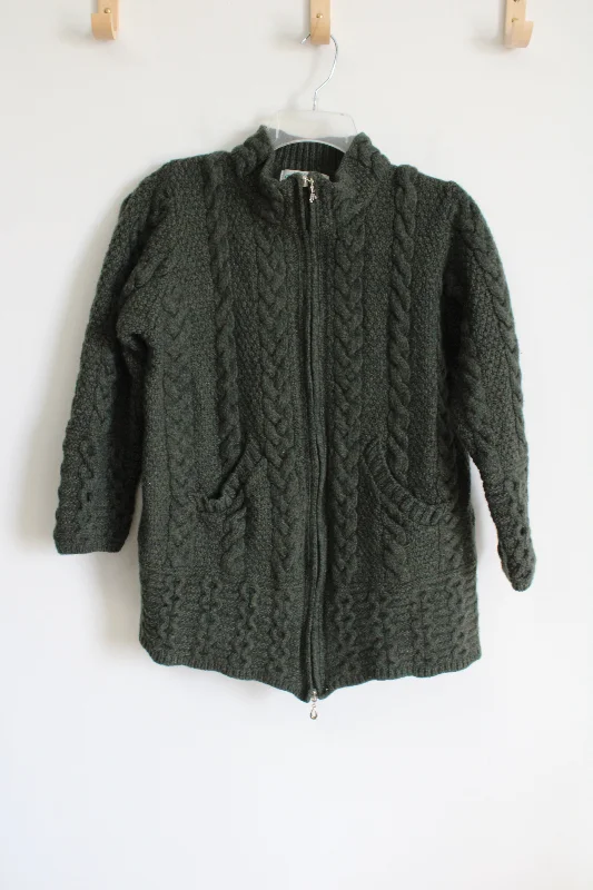 Aran Crafts Ireland 100% Merino Wool Green Cable Knit Sweater | S Oversized Loose Flowy