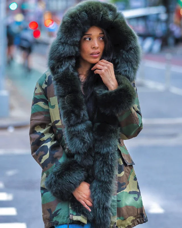 WOMEN PARKA- CAMO WITH GREEN FOX FUR Trendy Long Hooded Parka