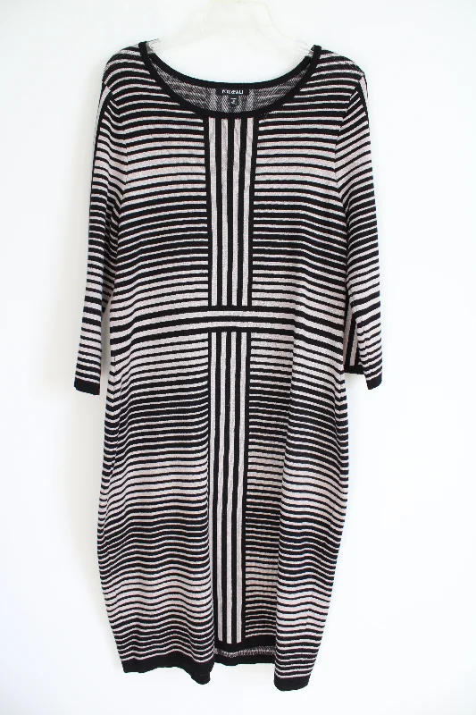 Roz & Ali Black Tan Knit Sweater Dress | 1X Striped Floral Plaid