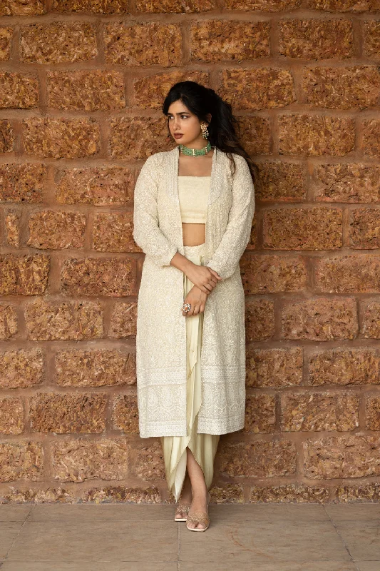 Chikankari Jacket Paired With Chikankari Blouse And Crepe Silk Drape Skirt Boat Neck Shawl Collar Notched Collar