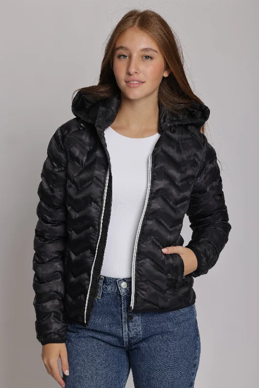 Women's packable puffer jacket in black camo Striped Jacket Polka Dot Jacket Floral Jacket